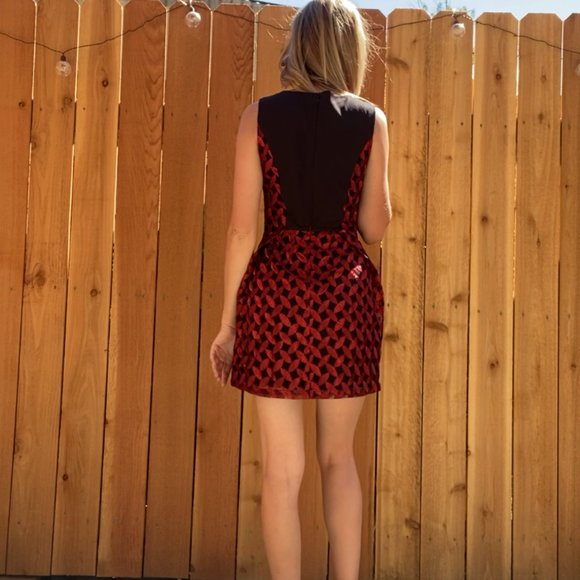 Esley Textured Red and Black Leaf Mini Dress Mid-Thigh - Picture 3 of 4